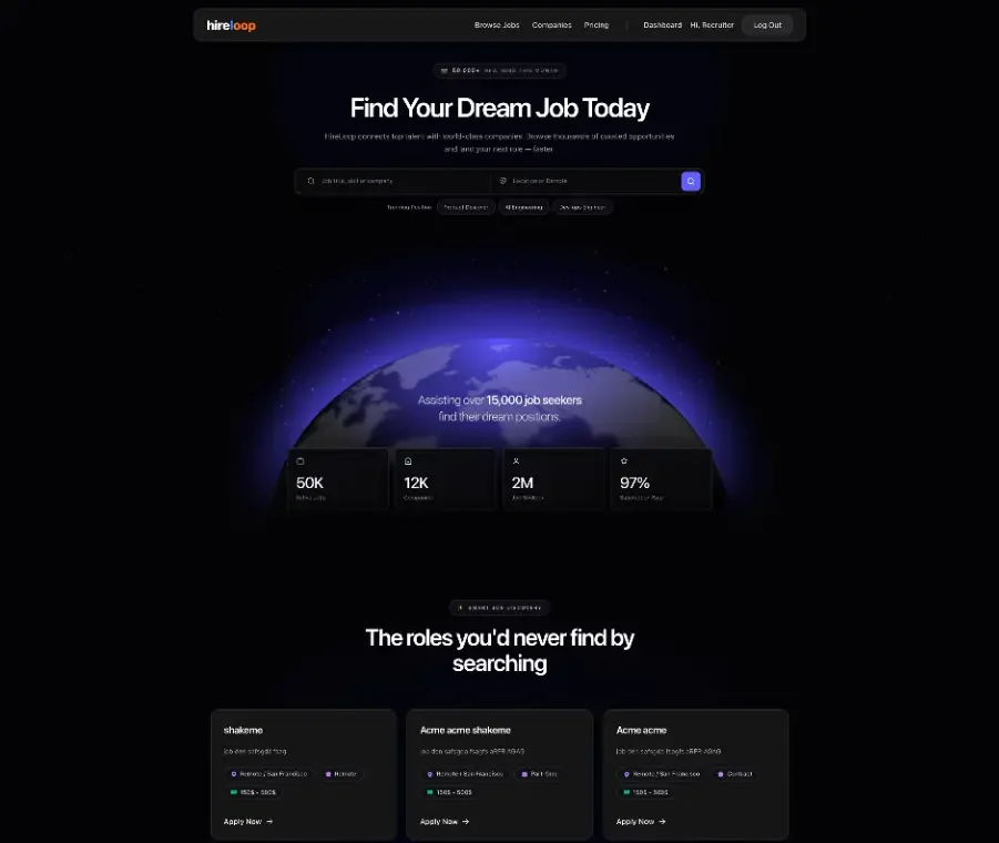 Screenshot of HireLoop — Role-based job marketplace with recruiter and seeker dashboards